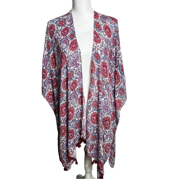 Pinky Kimono Women's Large Open Front Tassels Paisley Boho Cover Up Lightweight - Picture 1 of 11